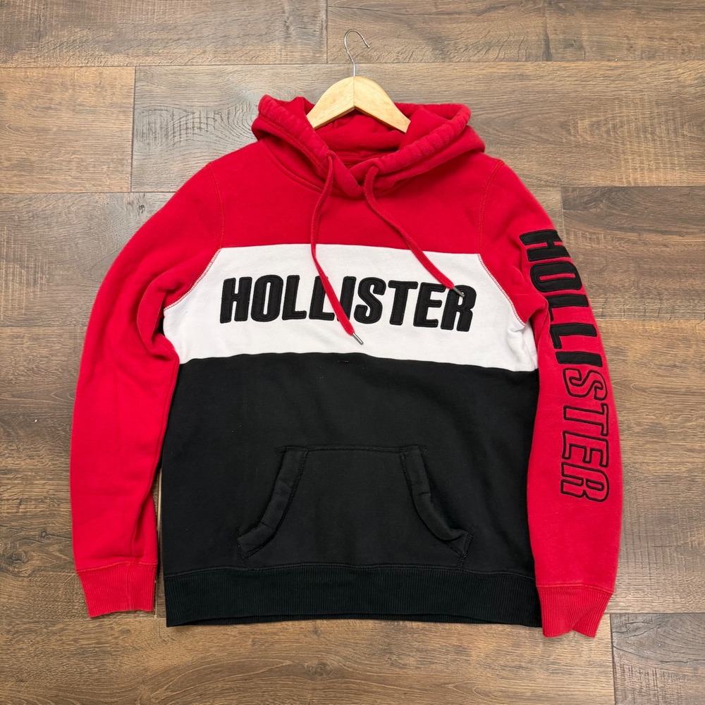 Hollister Mens Colorblock Logo Hoodie Red White Black Fleece Sweatshirt Size M